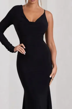 At Dusk | Black One-Sleeved Cowl-Neck Fishtail Maxi Dress