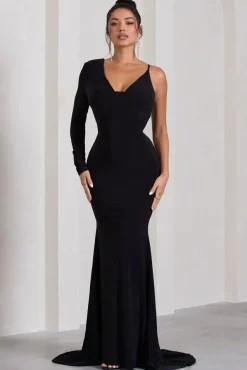 At Dusk | Black One-Sleeved Cowl-Neck Fishtail Maxi Dress