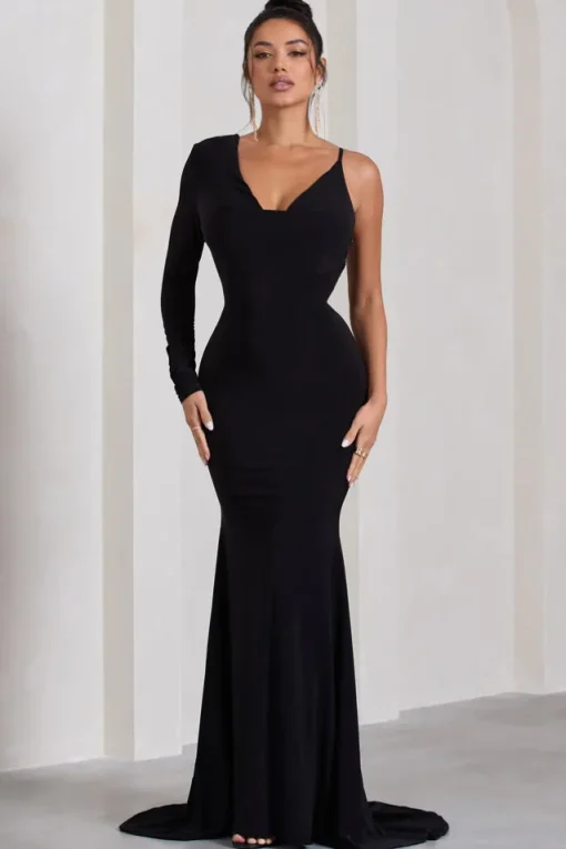 At Dusk | Black One-Sleeved Cowl-Neck Fishtail Maxi Dress
