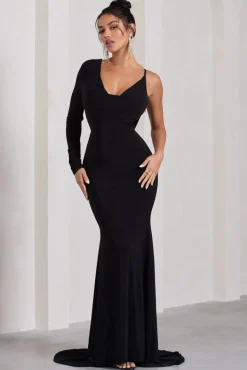 At Dusk | Black One-Sleeved Cowl-Neck Fishtail Maxi Dress