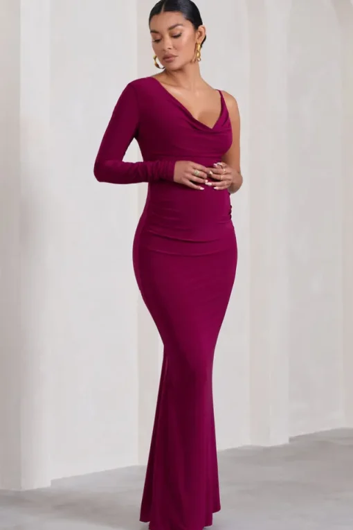 At Dusk | Dark Cherry Maternity One-Sleeved Cowl-Neck Fishtail Maxi Dress