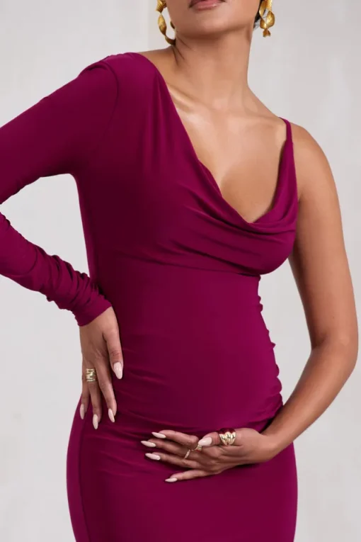At Dusk | Dark Cherry Maternity One-Sleeved Cowl-Neck Fishtail Maxi Dress