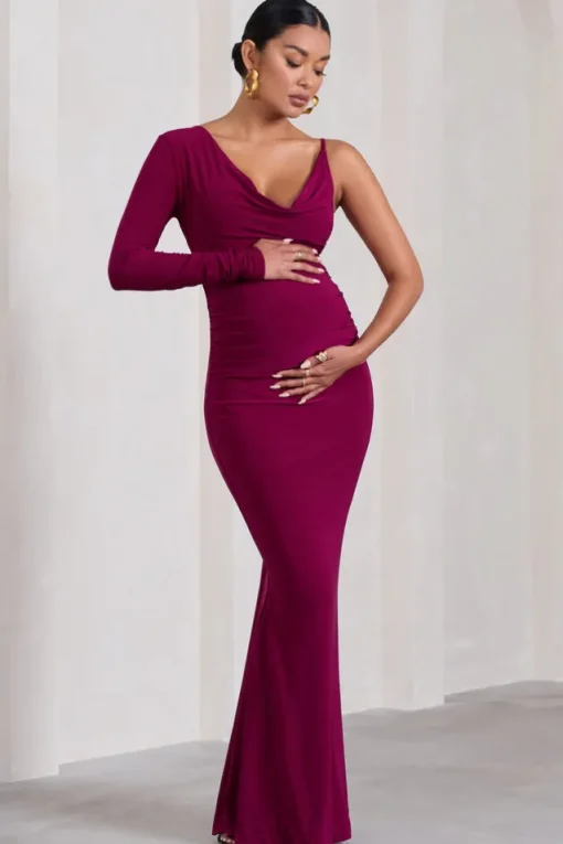 At Dusk | Dark Cherry Maternity One-Sleeved Cowl-Neck Fishtail Maxi Dress