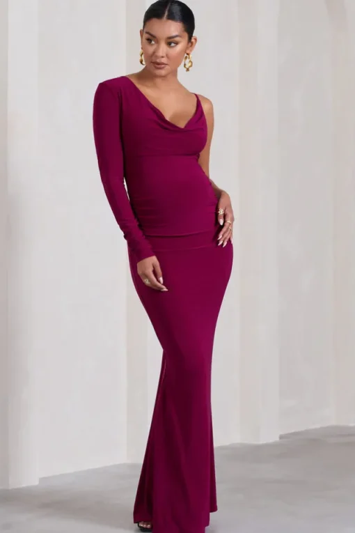 At Dusk | Dark Cherry Maternity One-Sleeved Cowl-Neck Fishtail Maxi Dress