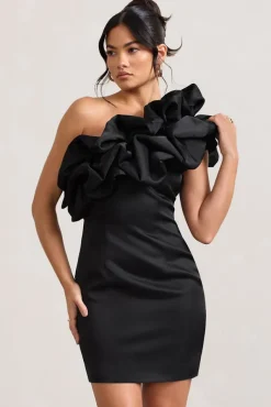 At The Opera | Black Satin One Shoulder Ruffled Mini Dress