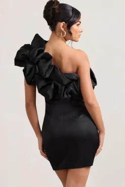 At The Opera | Black Satin One Shoulder Ruffled Mini Dress