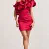 At The Opera | Red Satin One Shoulder Ruffled Mini Dress
