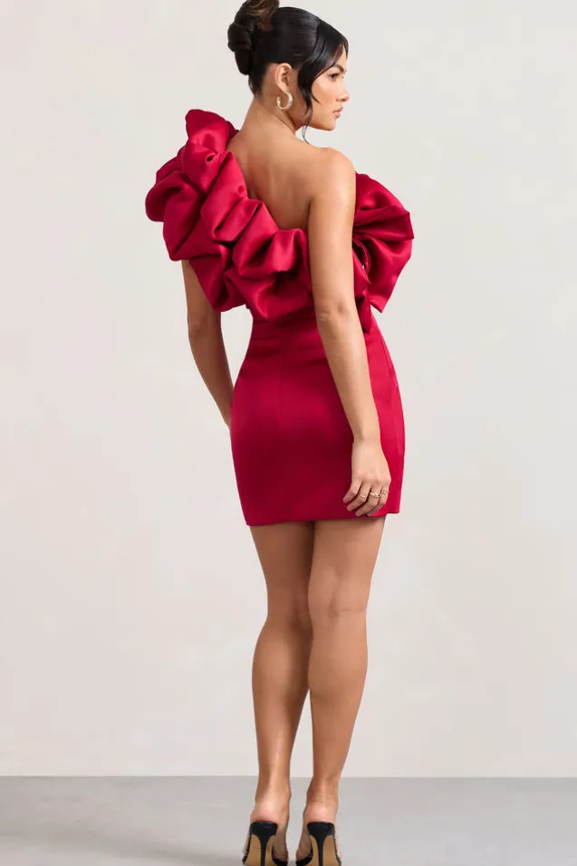 At The Opera | Red Satin One Shoulder Ruffled Mini Dress