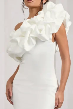 At The Opera | White Satin One Shoulder Ruffled Mini Dress