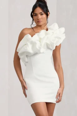 At The Opera | White Satin One Shoulder Ruffled Mini Dress