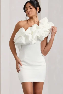 At The Opera | White Satin One Shoulder Ruffled Mini Dress