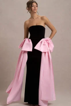 Attention | Black Strapless Maxi Dress With Pink Satin Bows