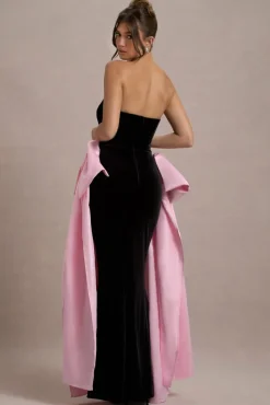 Attention | Black Strapless Maxi Dress With Pink Satin Bows