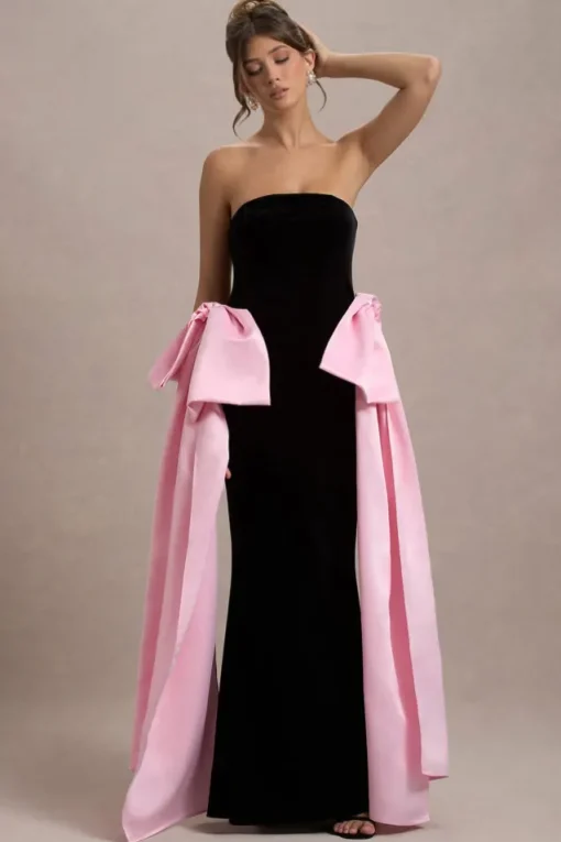 Attention | Black Strapless Maxi Dress With Pink Satin Bows