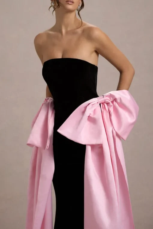 Attention | Black Strapless Maxi Dress With Pink Satin Bows