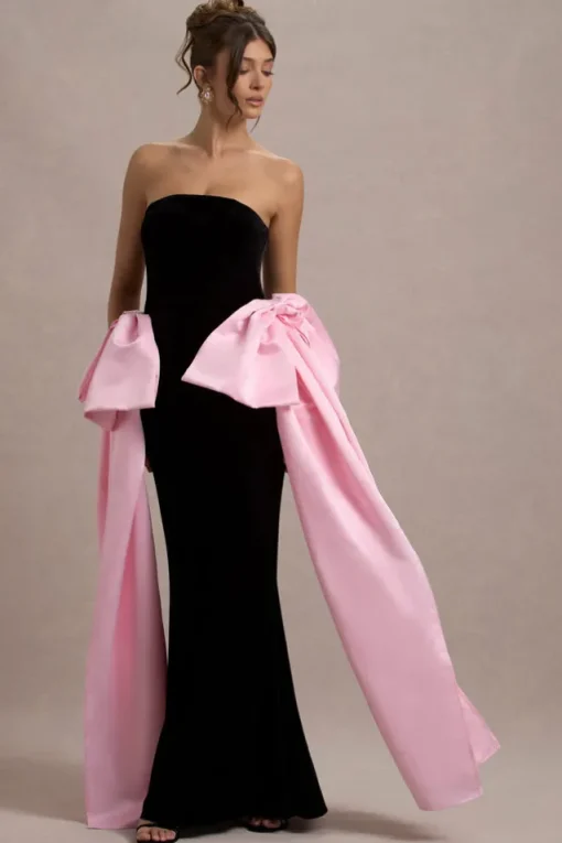 Attention | Black Strapless Maxi Dress With Pink Satin Bows