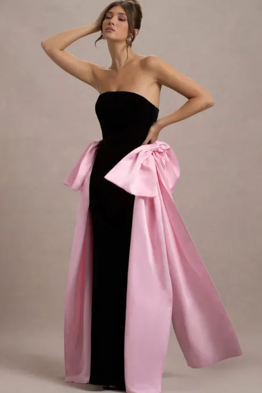 Attention | Black Strapless Maxi Dress With Pink Satin Bows