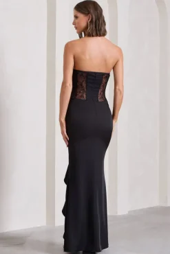 Attention Please | Black Strapless Lace Panelled Corset Split Maxi Dress