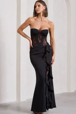 Attention Please | Black Strapless Lace Panelled Corset Split Maxi Dress