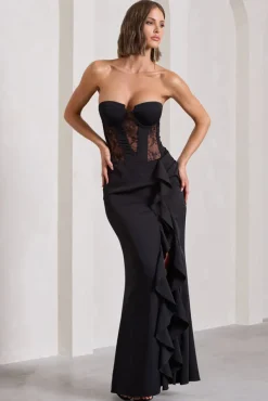 Attention Please | Black Strapless Lace Panelled Corset Split Maxi Dress