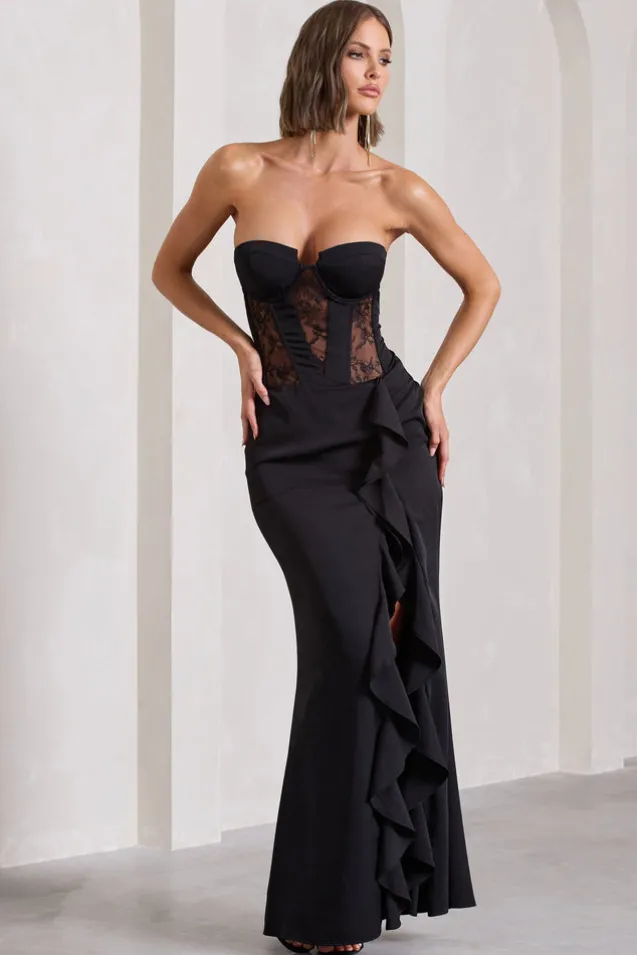 Attention Please | Black Strapless Lace Panelled Corset Split Maxi Dress