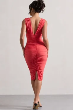Attract | Coral Ruched Plunge-Neck Midi Dress