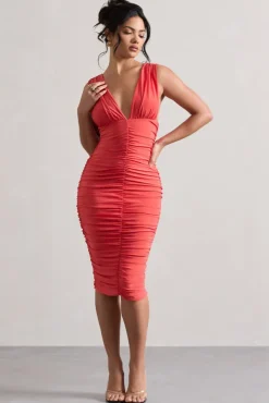 Attract | Coral Ruched Plunge-Neck Midi Dress