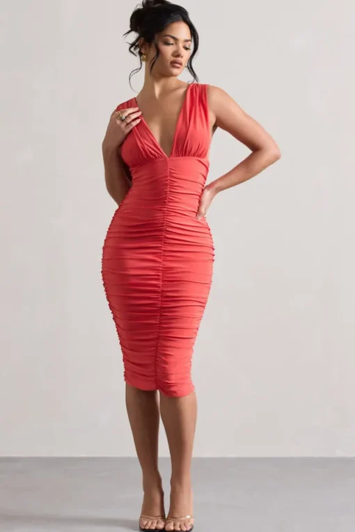 Attract | Coral Ruched Plunge-Neck Midi Dress