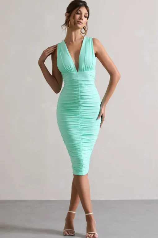 Attract | Mint Ruched Plunge-Neck Midi Dress