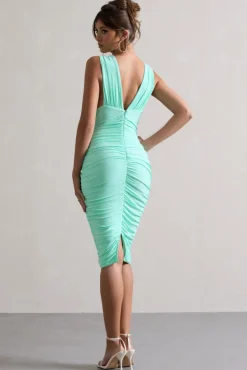 Attract | Mint Ruched Plunge-Neck Midi Dress