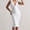 Attract | White Ruched Plunge-Neck Midi Dress