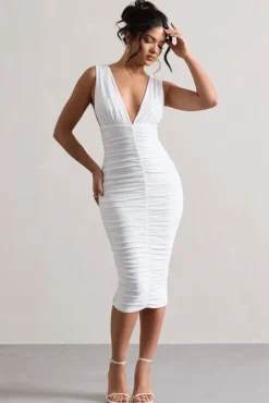 Attract | White Ruched Plunge-Neck Midi Dress