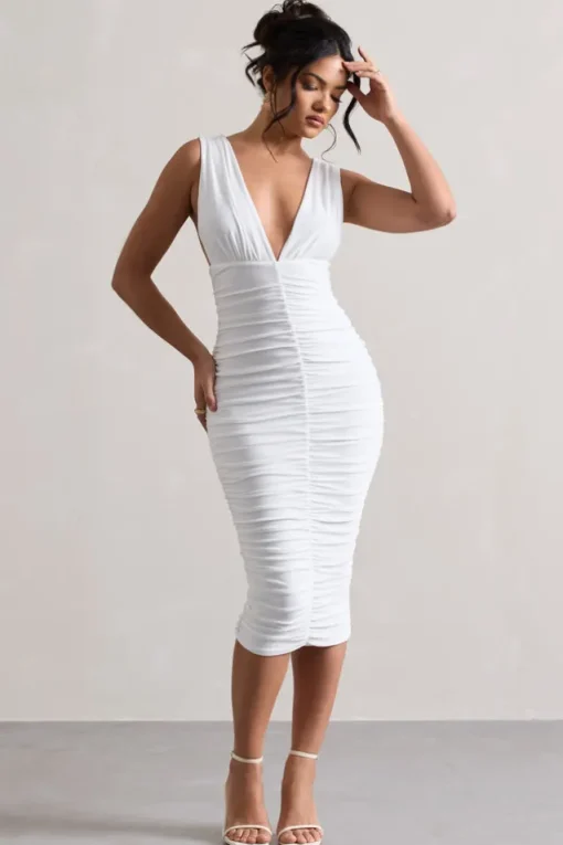 Attract | White Ruched Plunge-Neck Midi Dress