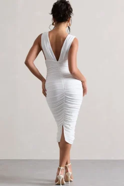 Attract | White Ruched Plunge-Neck Midi Dress