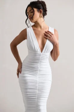 Attract | White Ruched Plunge-Neck Midi Dress