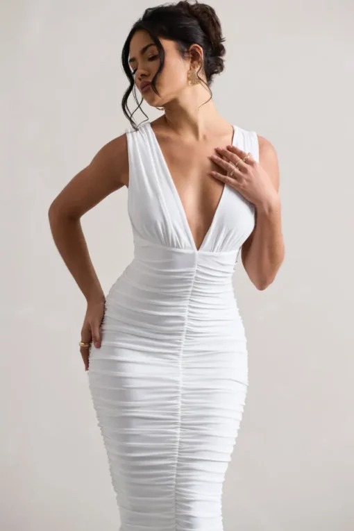 Attract | White Ruched Plunge-Neck Midi Dress