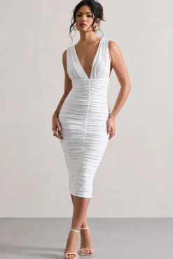 Attract | White Ruched Plunge-Neck Midi Dress