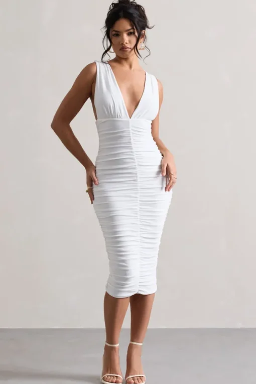 Attract | White Ruched Plunge-Neck Midi Dress