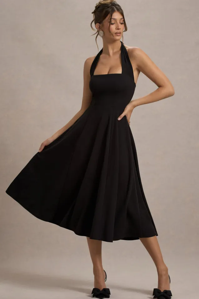 Auburn | Black Halter Skater Midi Dress
