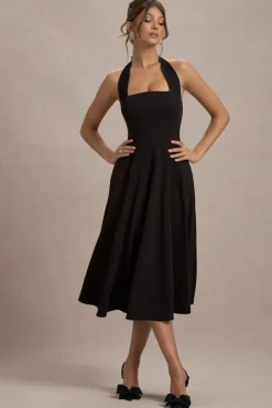 Auburn | Black Halter Skater Midi Dress