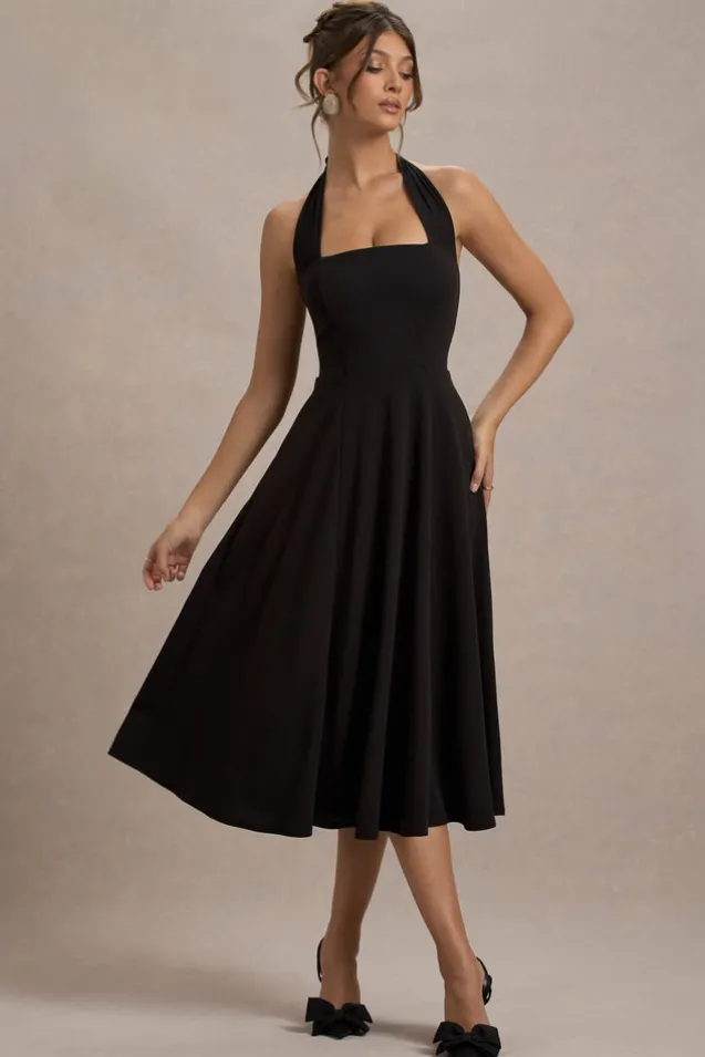Auburn | Black Halter Skater Midi Dress