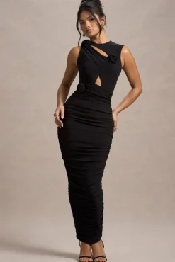 Audelia | Black Cut-Out Maxi Dress With Floral Corsages