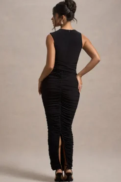 Audelia | Black Cut-Out Maxi Dress With Floral Corsages