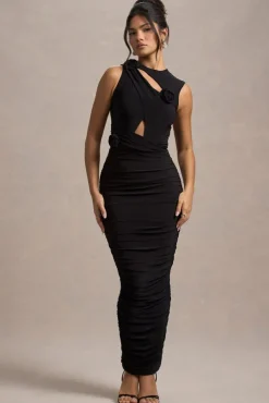 Audelia | Black Cut-Out Maxi Dress With Floral Corsages