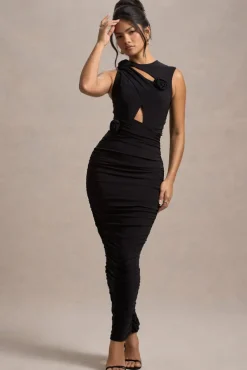 Audelia | Black Cut-Out Maxi Dress With Floral Corsages