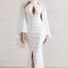 Audrina | White Ruched Halter-Neck Split Maxi Dress With Cape