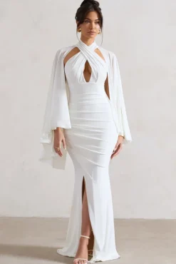 Audrina | White Ruched Halter-Neck Split Maxi Dress With Cape
