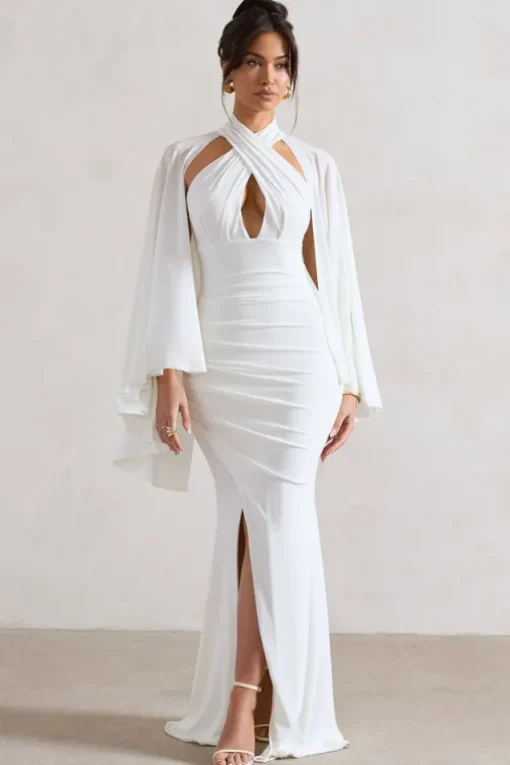 Audrina | White Ruched Halter-Neck Split Maxi Dress With Cape