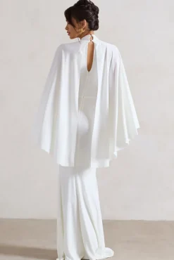 Audrina | White Ruched Halter-Neck Split Maxi Dress With Cape