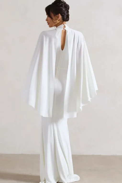 Audrina | White Ruched Halter-Neck Split Maxi Dress With Cape